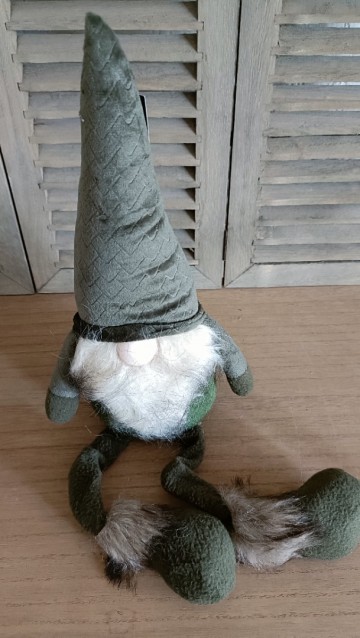 Groene gnoom met beentjes op de plank