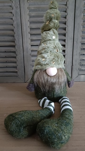 Groene gnoom met gestreepte beentjes op de plank