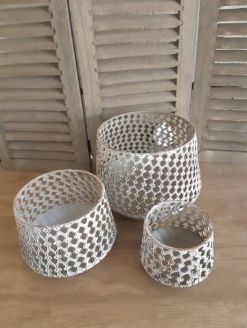 Windlichten 3-delig rustiek wit-grijs apart